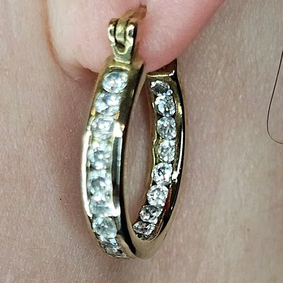 Hoop Earrings Gold Plated Sterling Silver Cubic Zirconia Pierced Round Almost 1